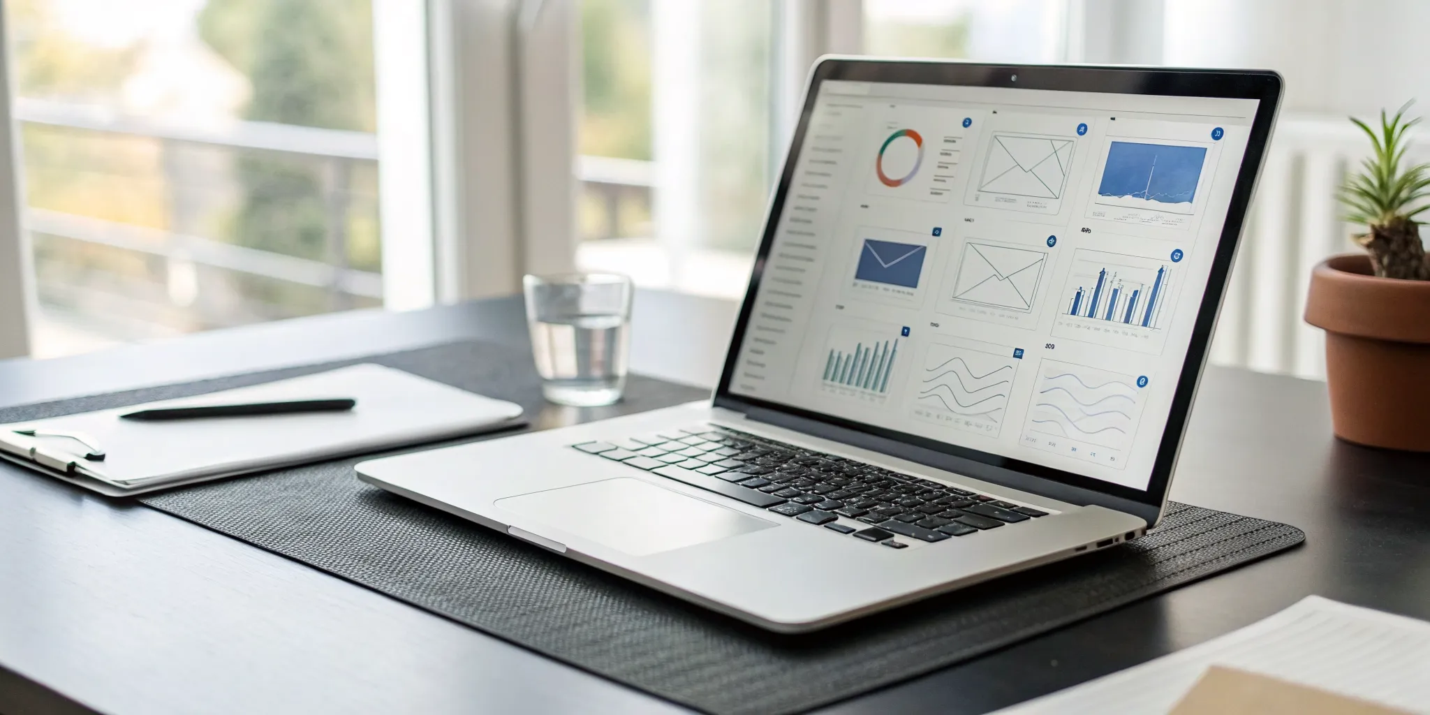 Sales engagement platform dashboard on a laptop showing email sequence tracking and scheduling analytics for Gmail.