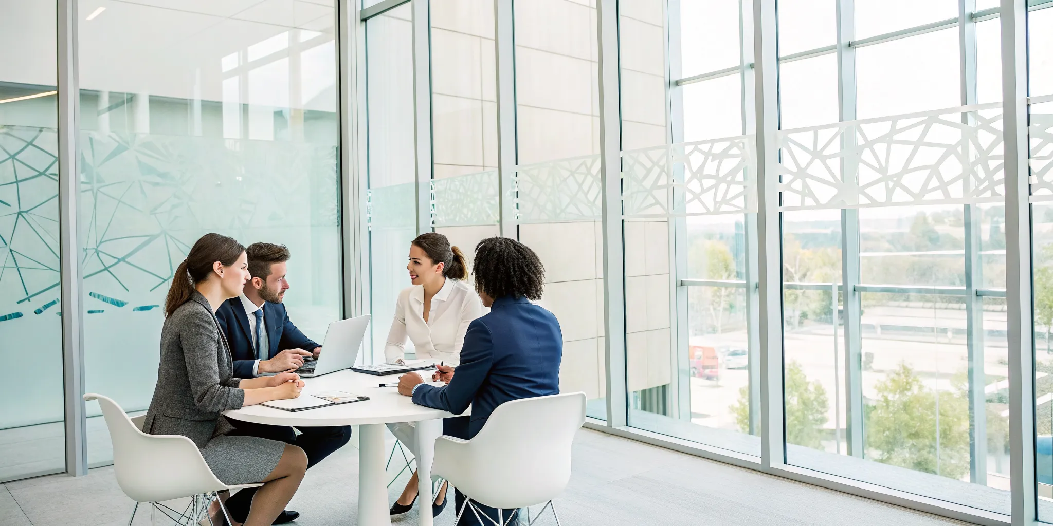 A small sales team collaborating on their sales process in a meeting.