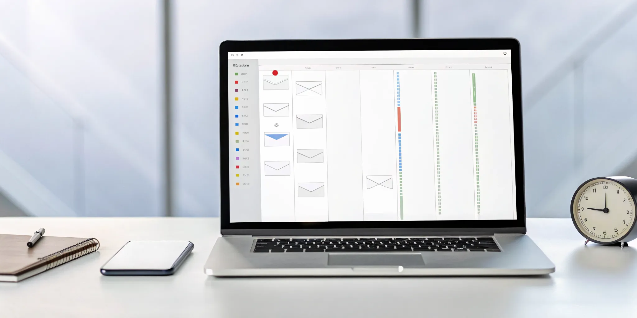A cold email sequence workflow for Gmail on a laptop, showing templates and timing for automated follow-ups.