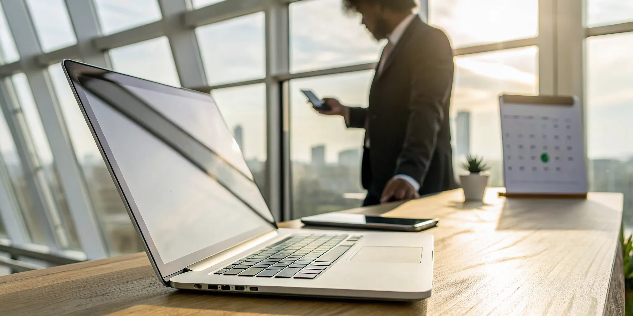 Salesperson follows up after a sales demo using a laptop and smartphone at an office desk.
