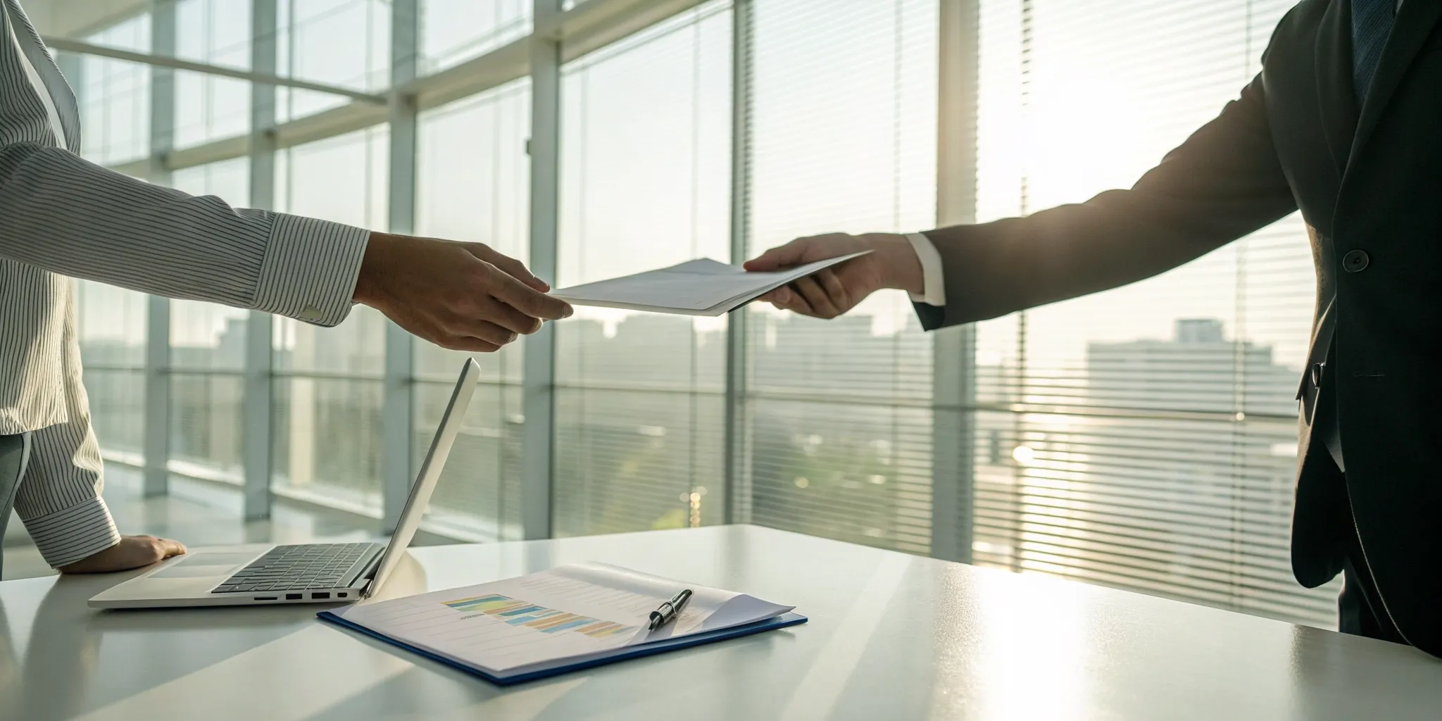 A professional follows up with a colleague in an office, adding value by sharing a helpful document.