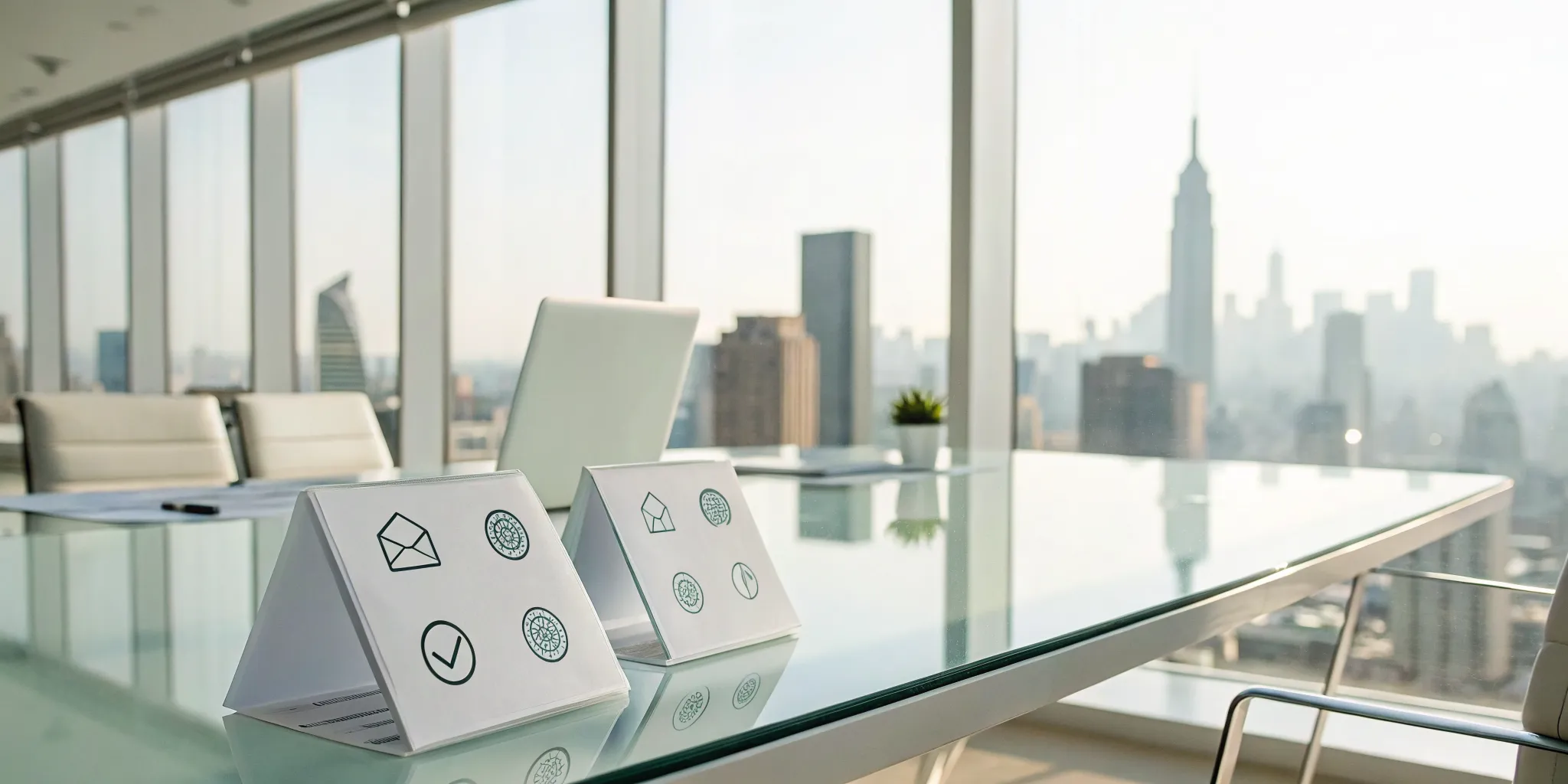 Conference room table with an agenda for how to progress a deal after the first meeting.