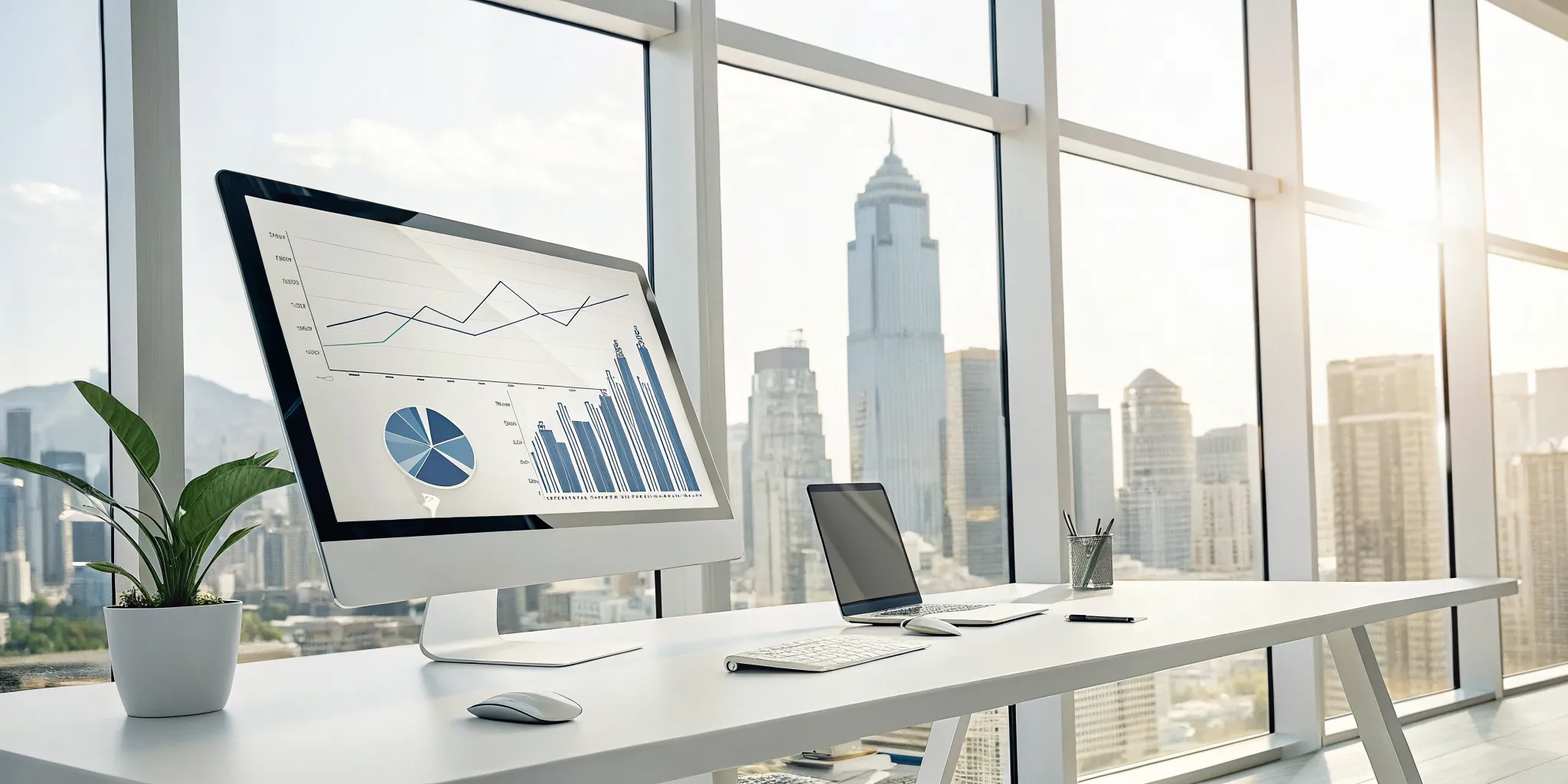 An SDR's organized desk with charts on a computer, a strategy to reduce admin time and sell more.