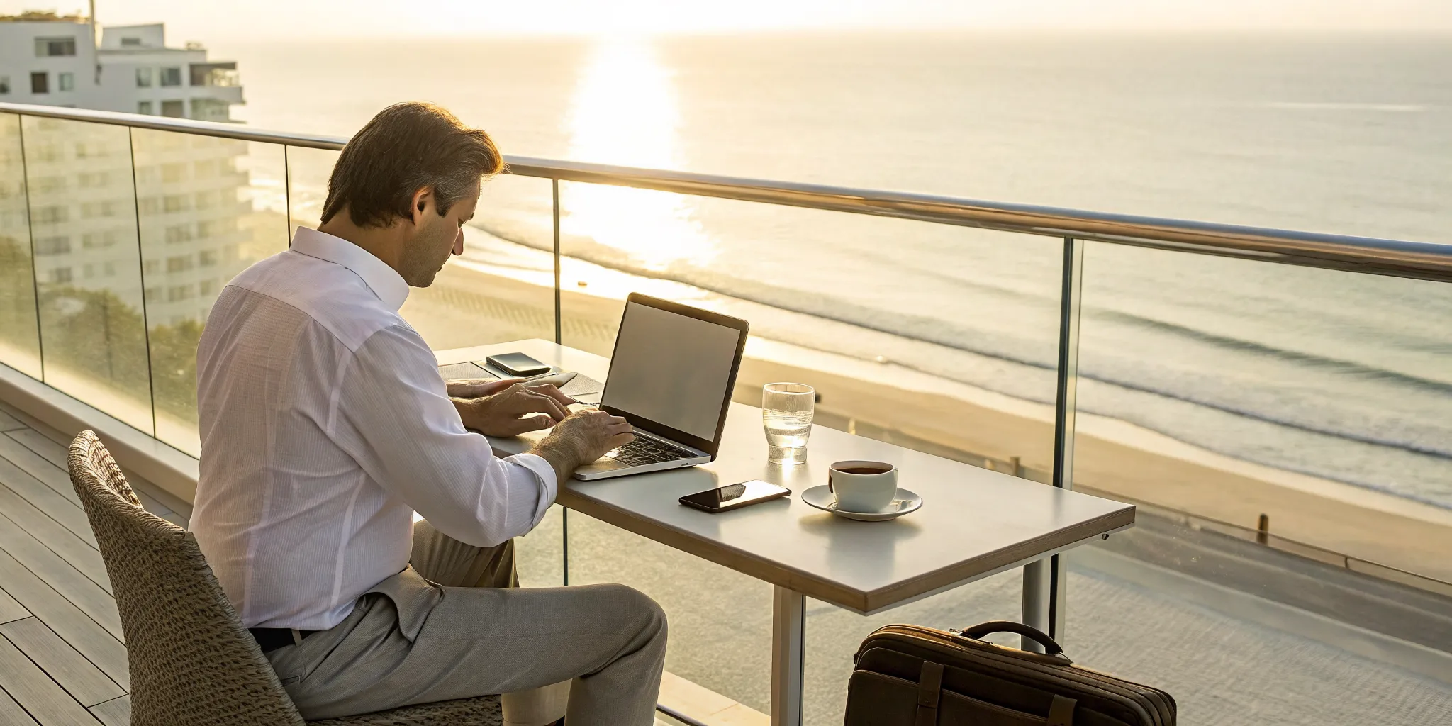 Man on a balcony sending a sales sequence on his laptop while on vacation.
