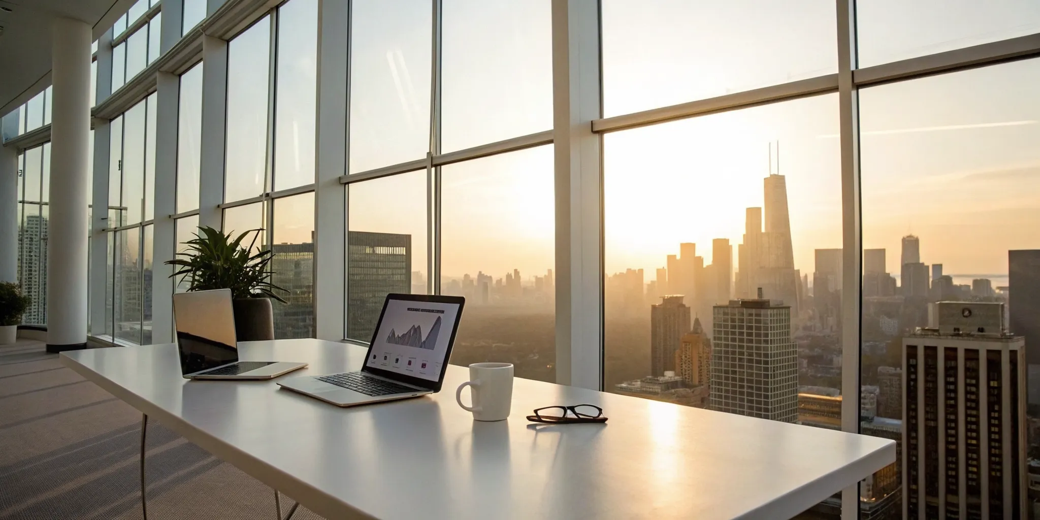 Laptops in a modern office showing a Mixmax vs Mailshake comparison with a city view.
