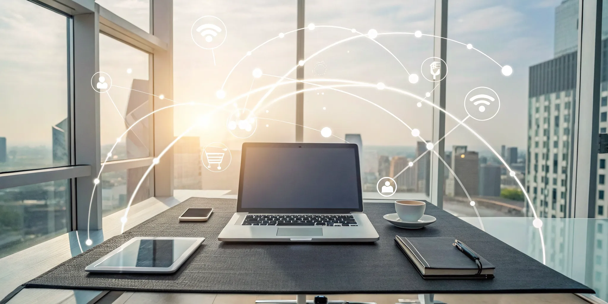 Laptop, phone, and tablet displaying a multichannel sales outreach workflow.