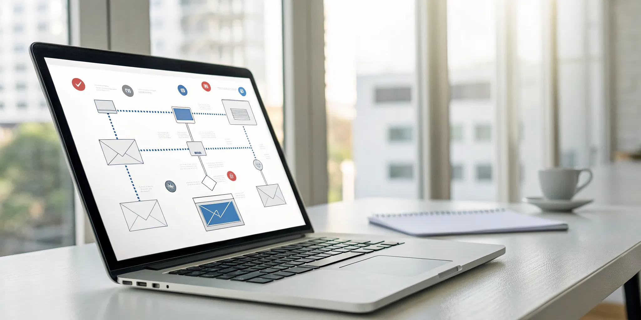 A workflow diagram of Gmail sales automation tools on a laptop for sales reps.
