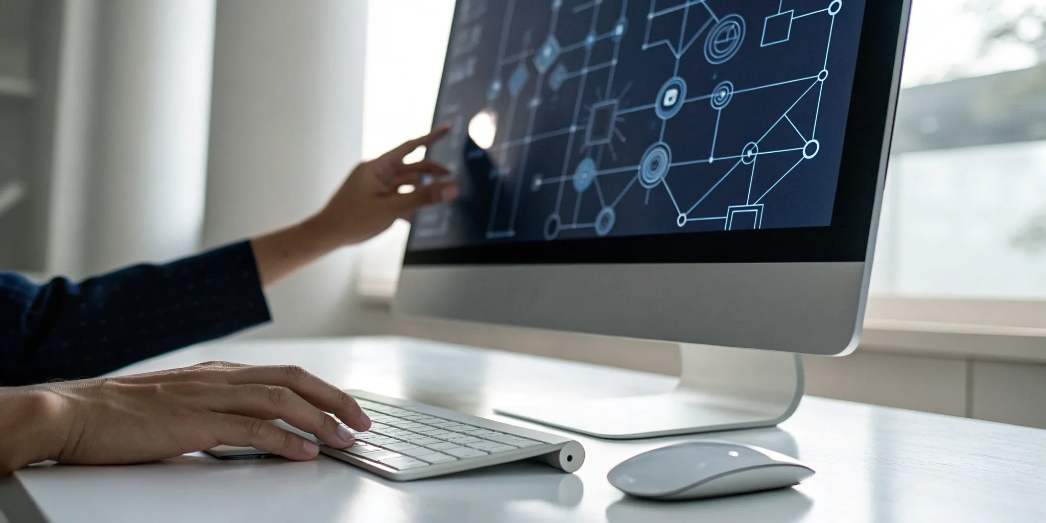A person managing a sales workflow automation process on a computer with a digital flowchart.