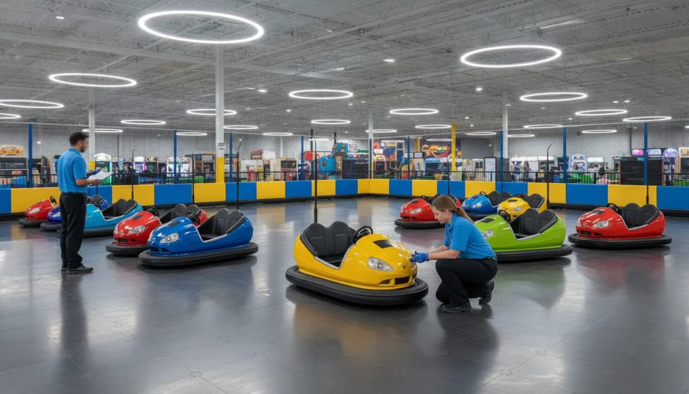 Commercial bumper car arena designed for safe daily operation
