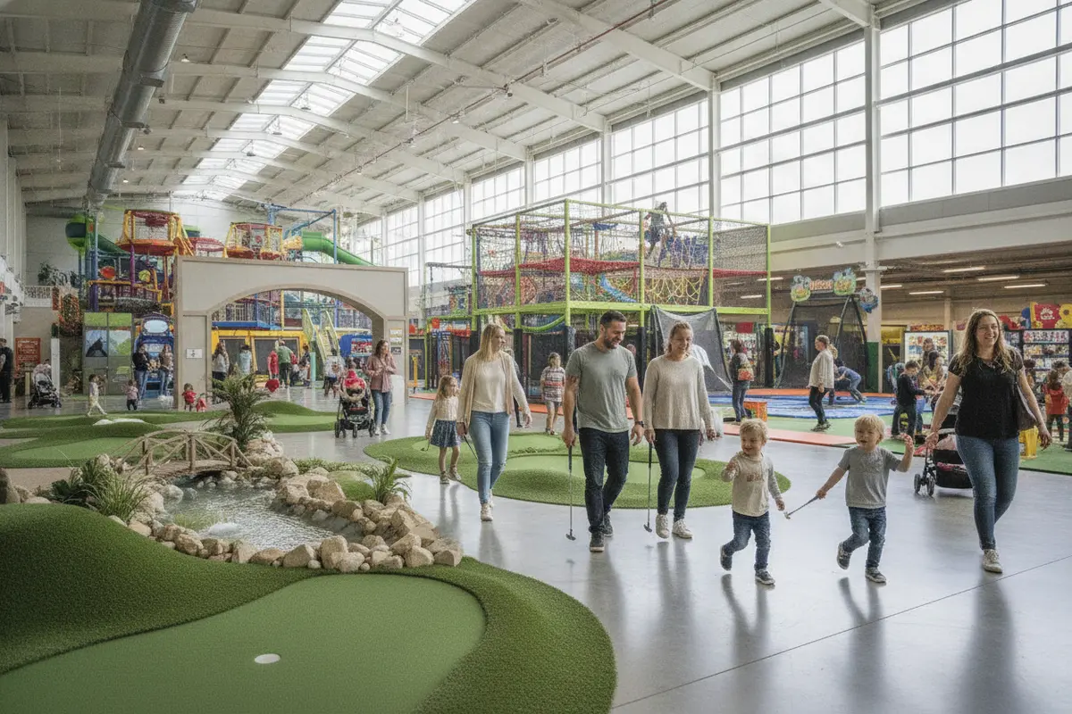 Families exploring attractions inside a family entertainment center