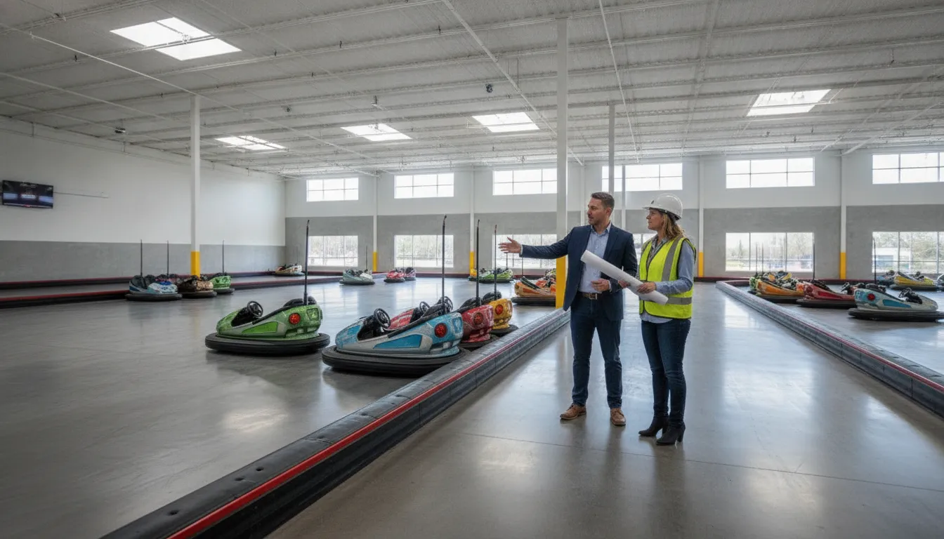 FEC operators reviewing a bumper car arena plan