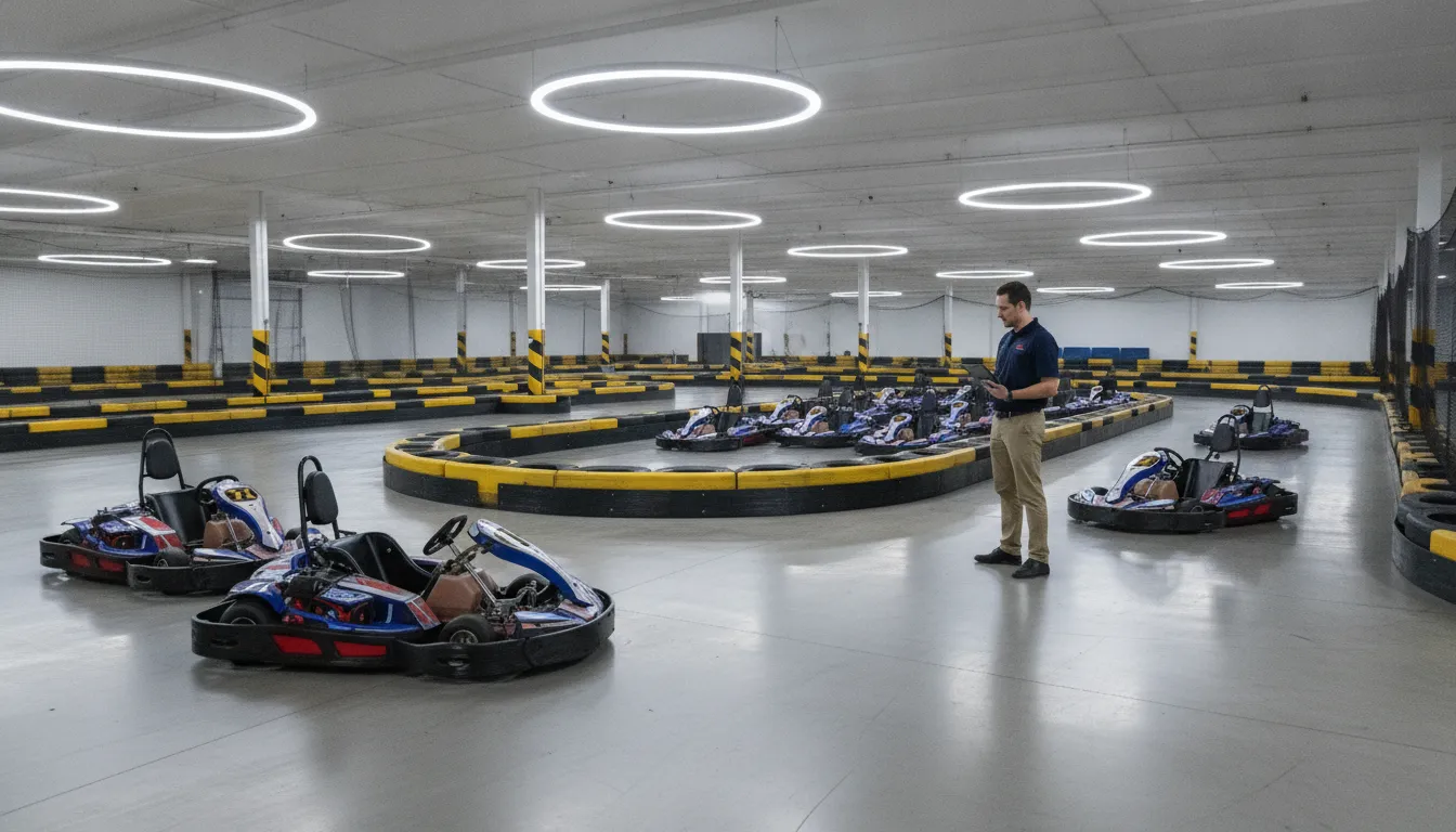 Technician reviewing commercial electric go-kart maintenance with an FEC operator