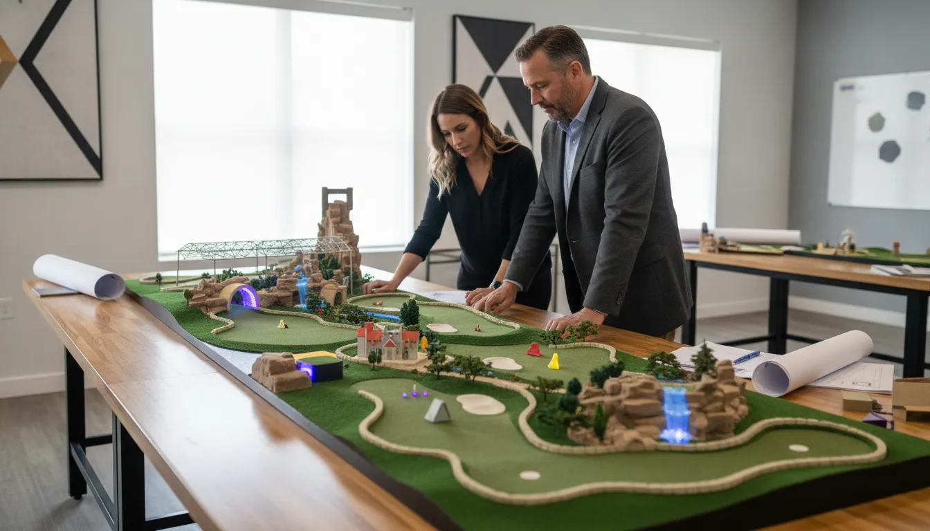 Commercial miniature golf planning model for an indoor and outdoor FEC layout