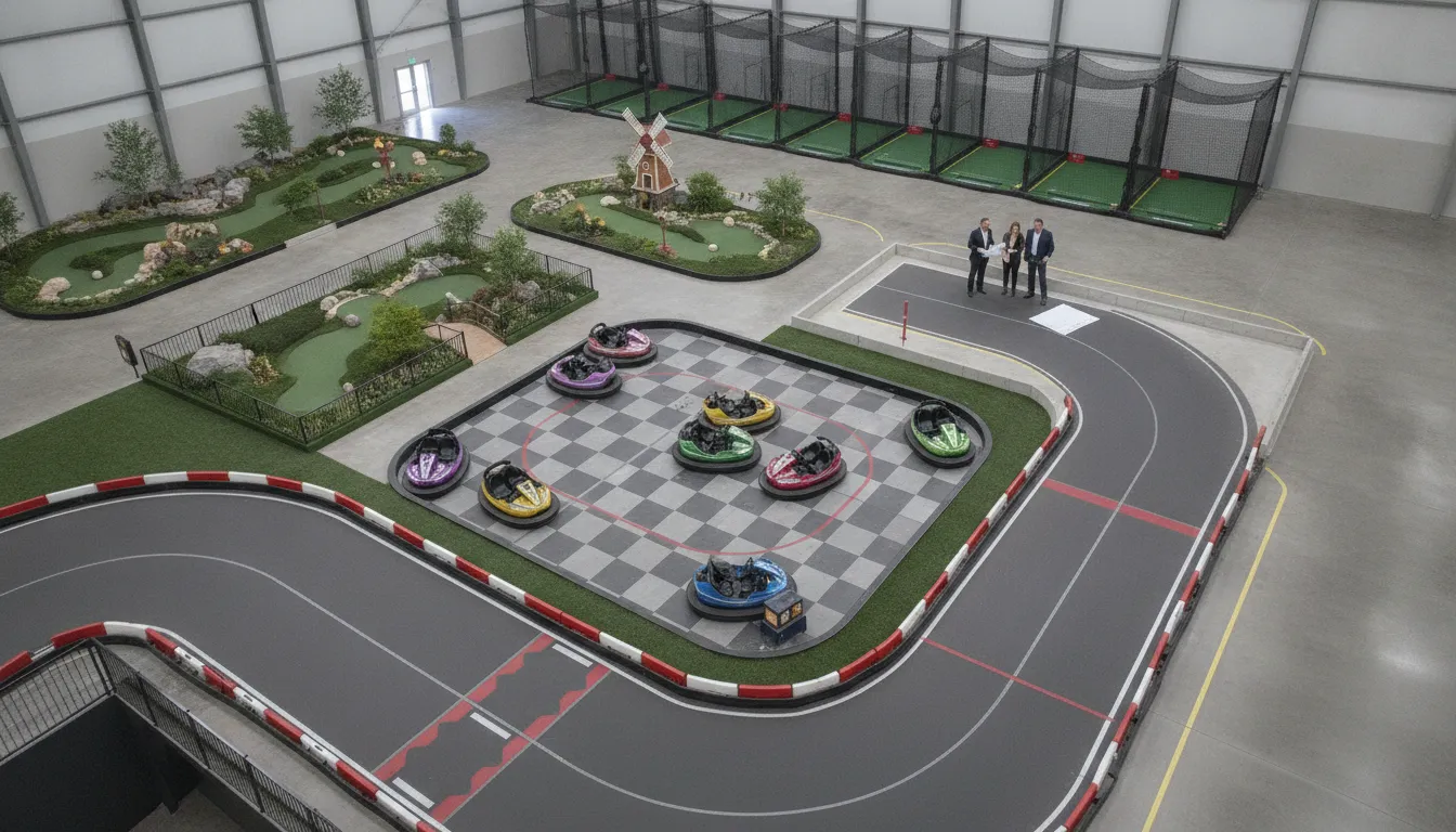 Illustrative FEC attraction mix layout with go-karts, bumper cars, mini golf, and batting cages