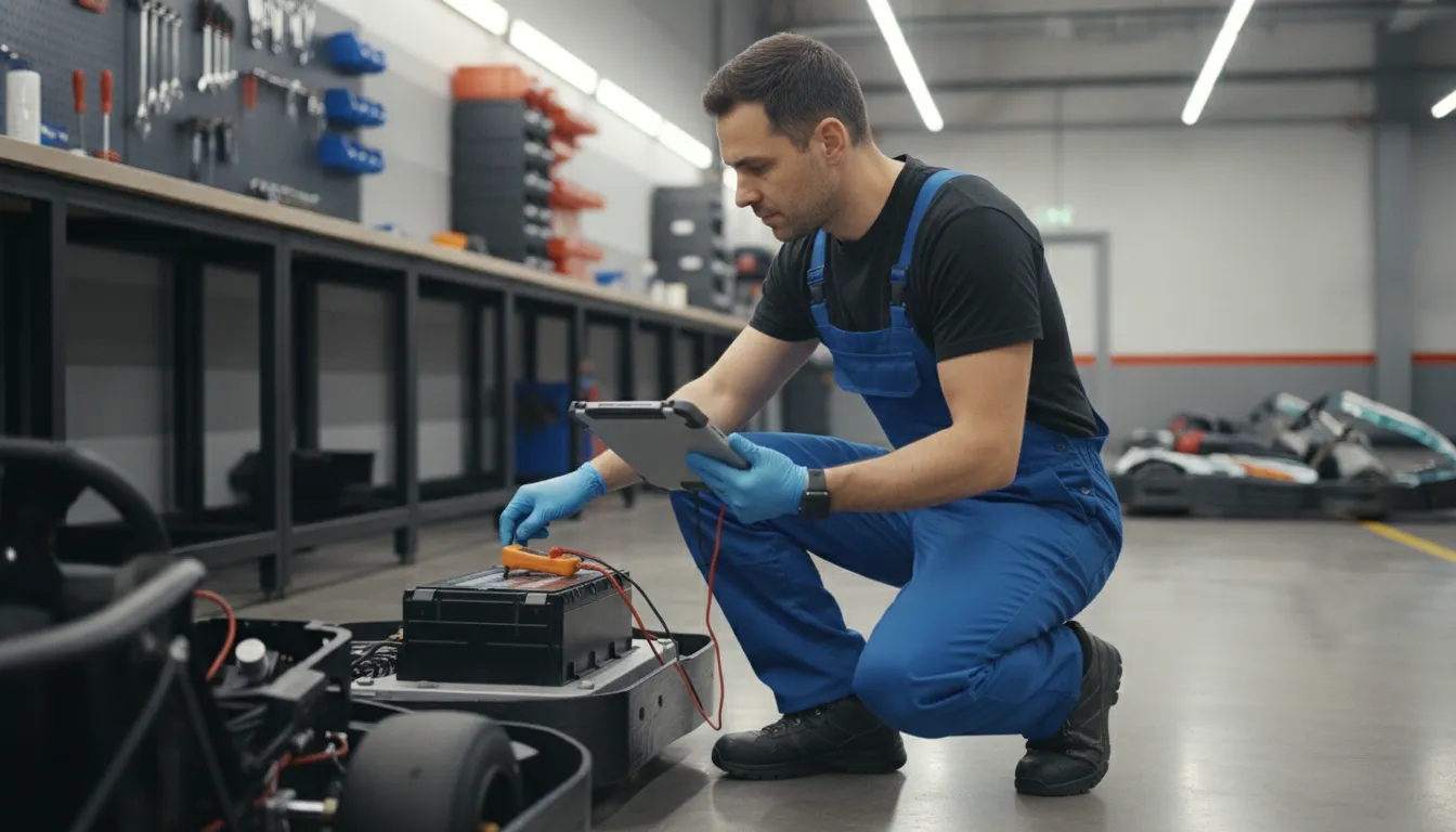 FEC maintenance technician inspecting an electric go-kart battery pack in a commercial service bay with a diagnostic tablet
