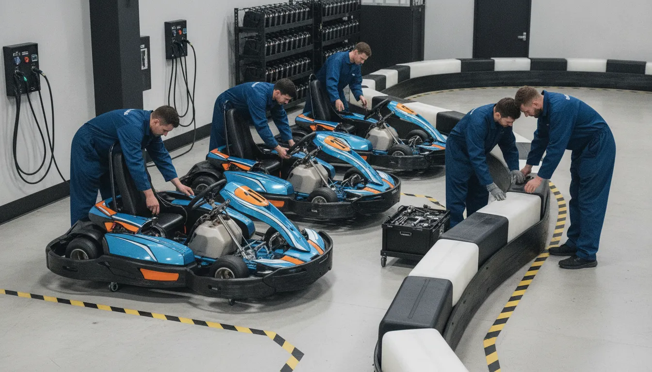 FEC team inspecting electric go-karts and safety barriers in a pit area