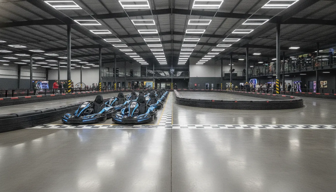 Indoor electric go-kart track business plan layout with a fleet of electric karts on a starting grid inside a family entertainment center
