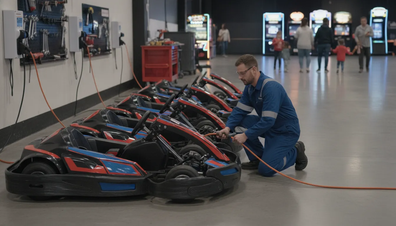 Maintenance technician connecting indoor electric go-karts to charging stations in a family entertainment center pit area