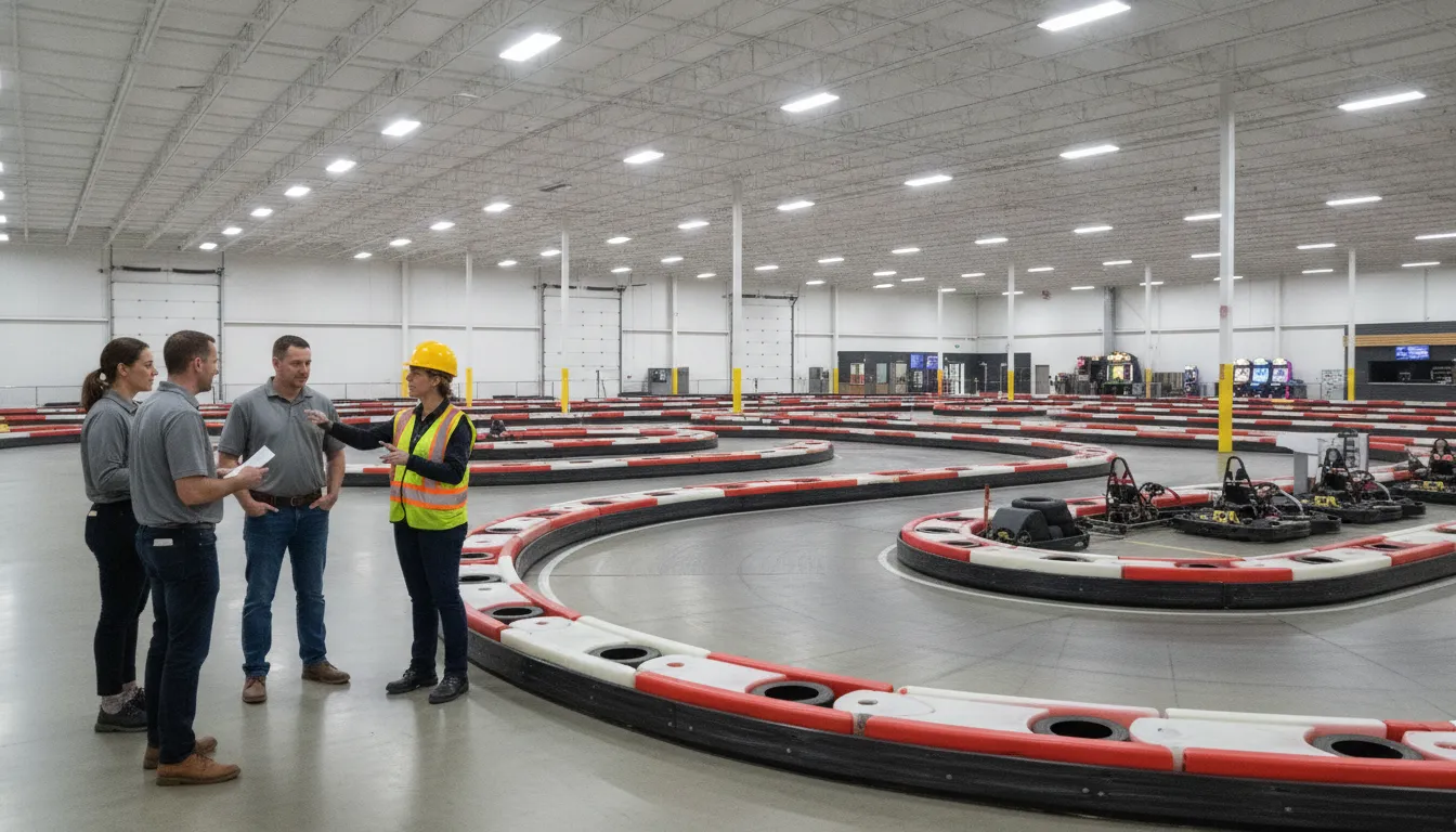 FEC operators reviewing an electric go-kart track layout