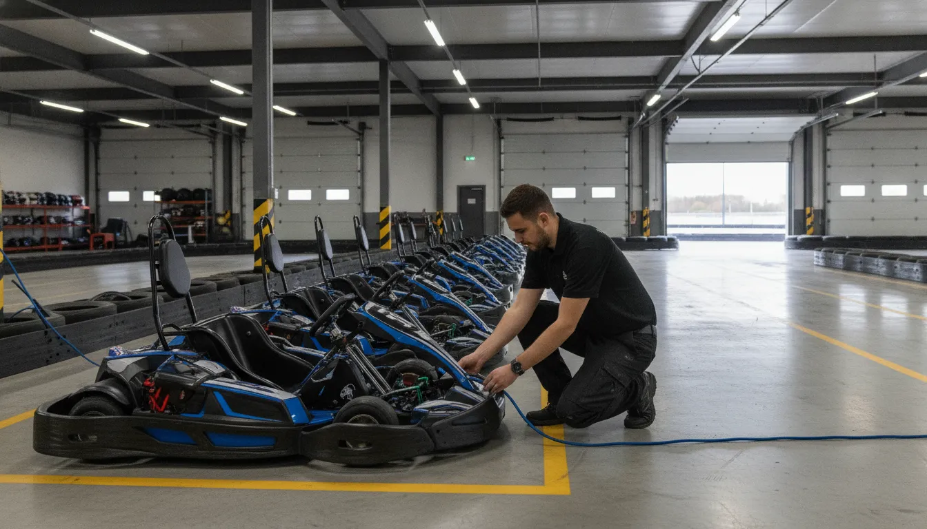 FEC operator reviewing an electric go-kart pit charging workflow