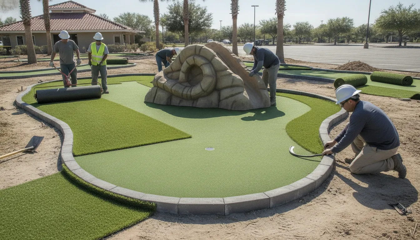 Crew installing commercial putting turf and a themed obstacle on a miniature golf course