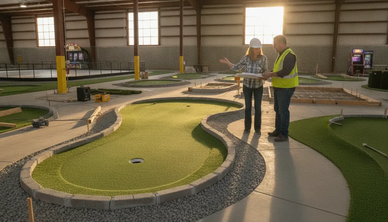 Commercial miniature golf course design review showing durable surfaces, drainage edges, and accessible paths