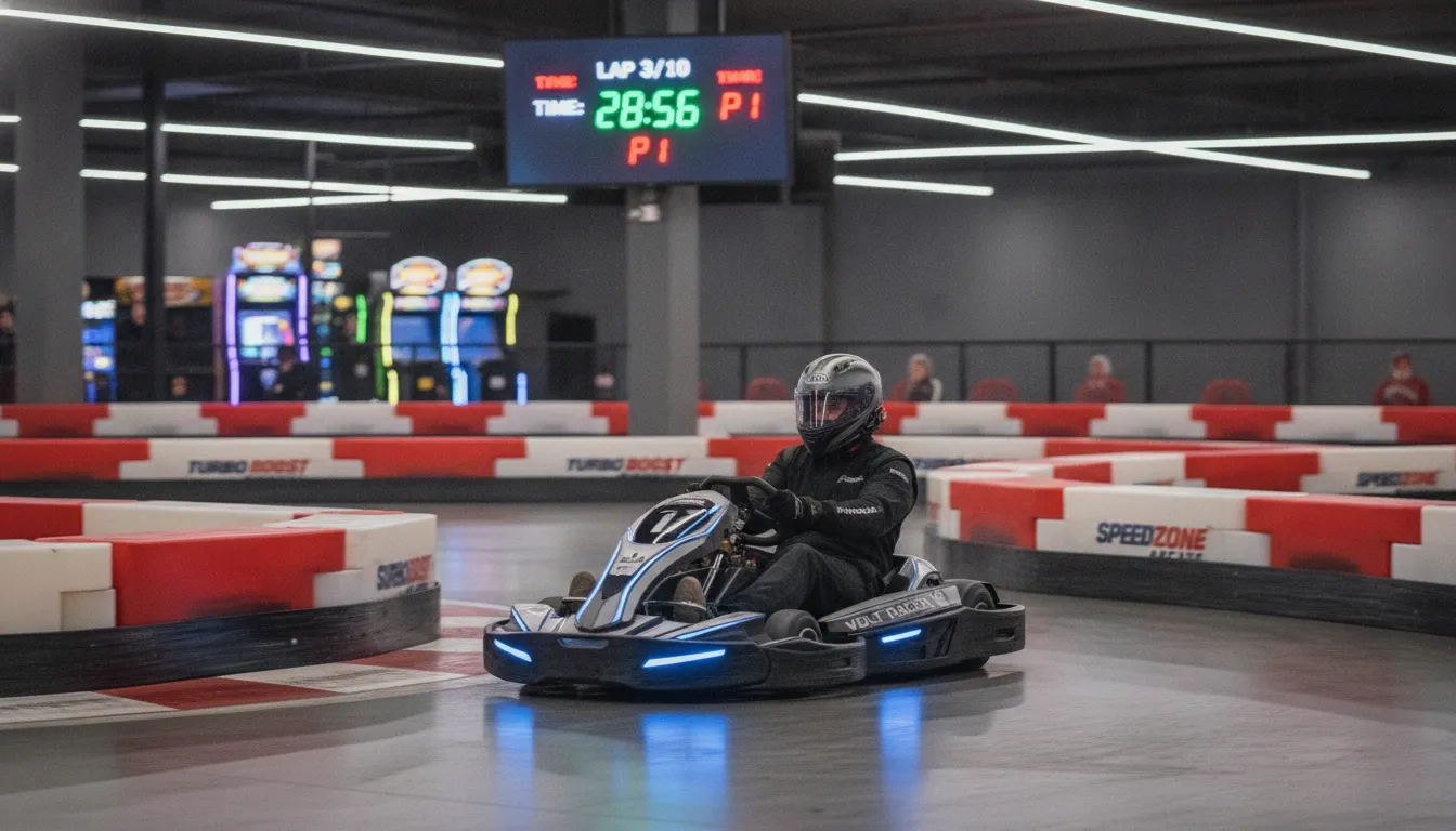 Commercial electric go-kart racing on an indoor track with safety barriers in a family entertainment center