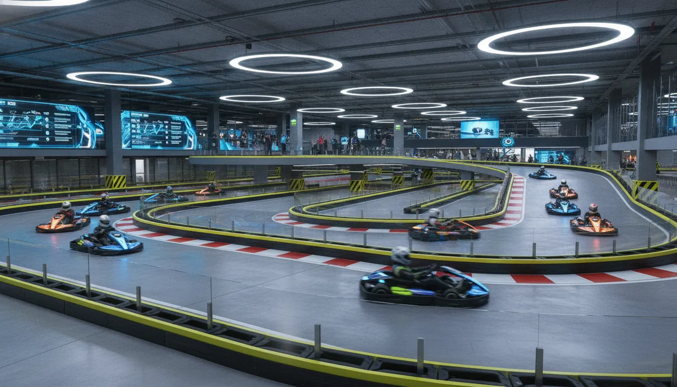 Indoor electric go-kart racing track with safety barriers and overhead lighting in a modern family entertainment center