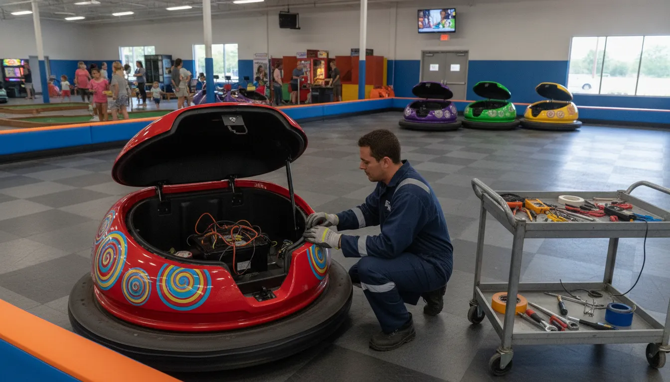 Technician inspecting a battery-powered Spin Zone bumper car in a commercial FEC
