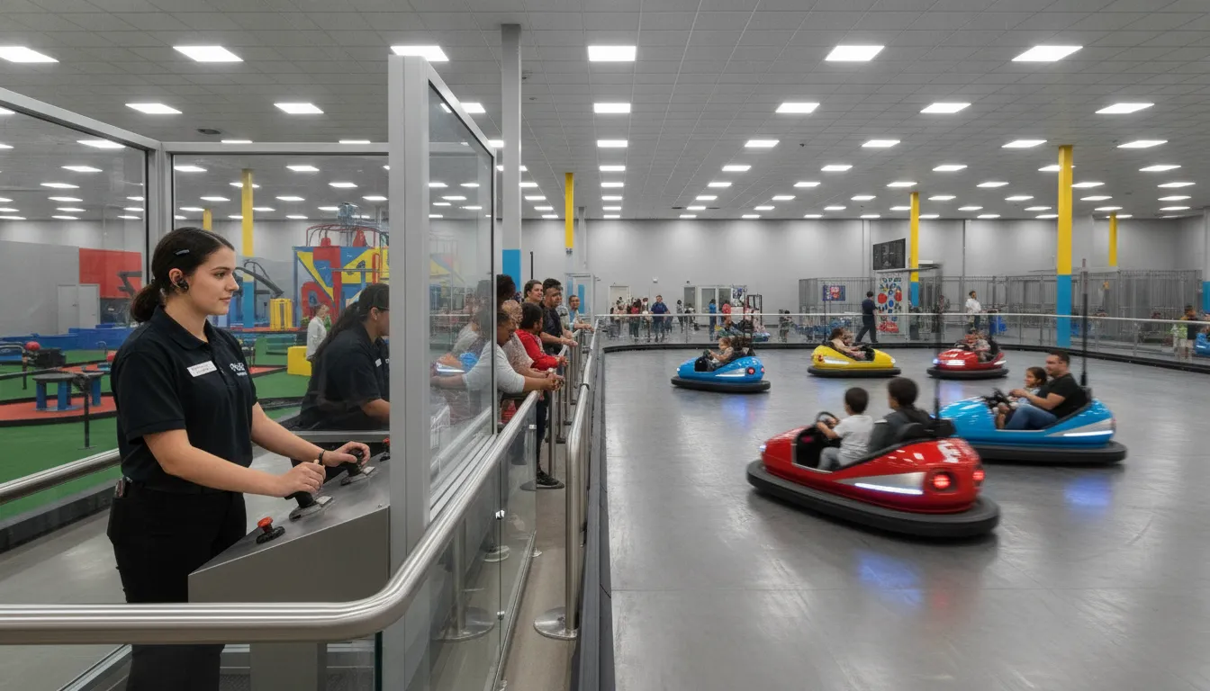 Operators inspecting a commercial bumper car attraction before opening