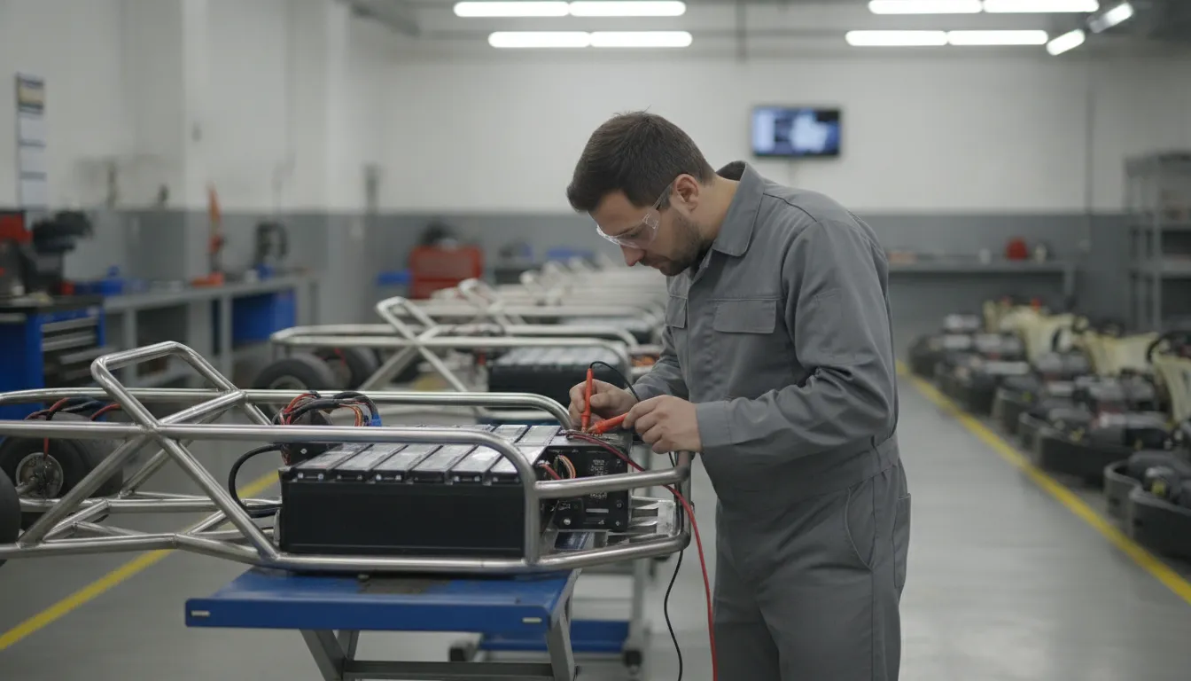 Service technician inspecting an electric go-kart battery and chassis in a maintenance bay