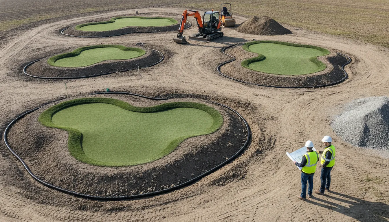 Commercial miniature golf site preparation with shaped greens, drainage piping, and construction supervisors