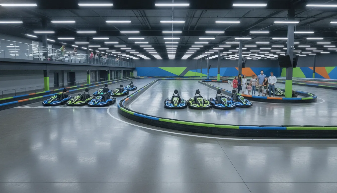Indoor commercial electric go-kart track with a modern kart fleet ready for guests