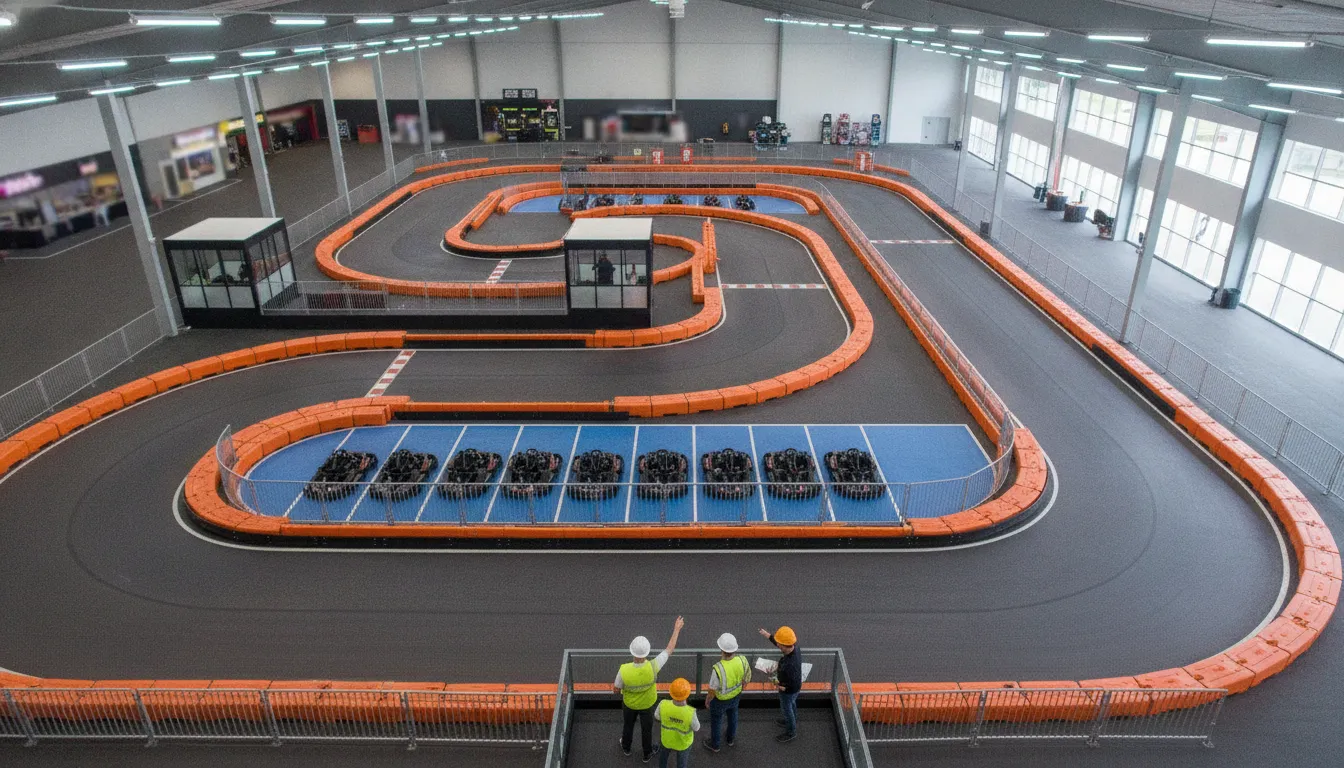Commercial go-kart track layout with loading zone and safety barriers