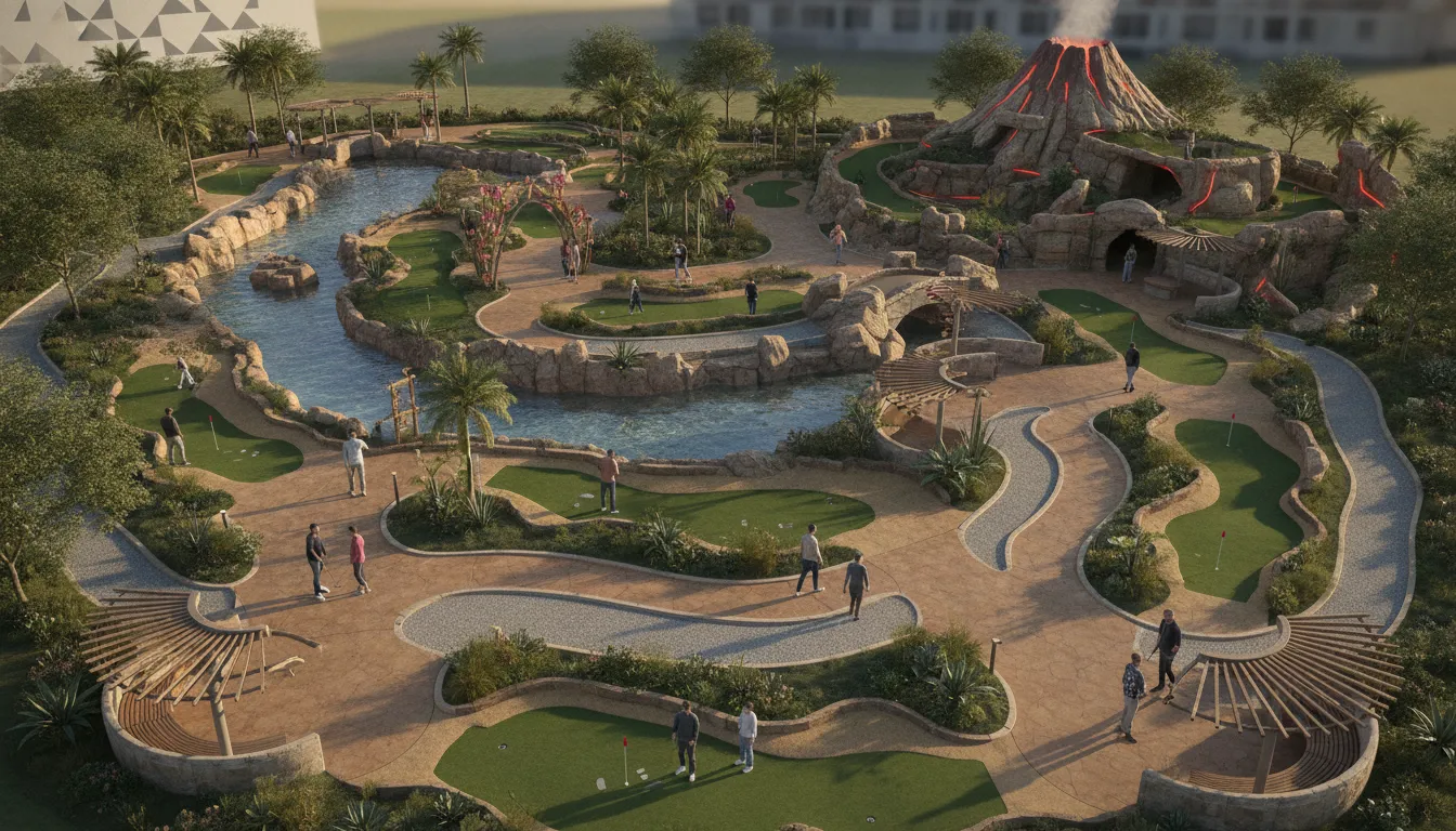 Commercial miniature golf course layout showing themed zones, hole progression, circulation paths, and accessible routes