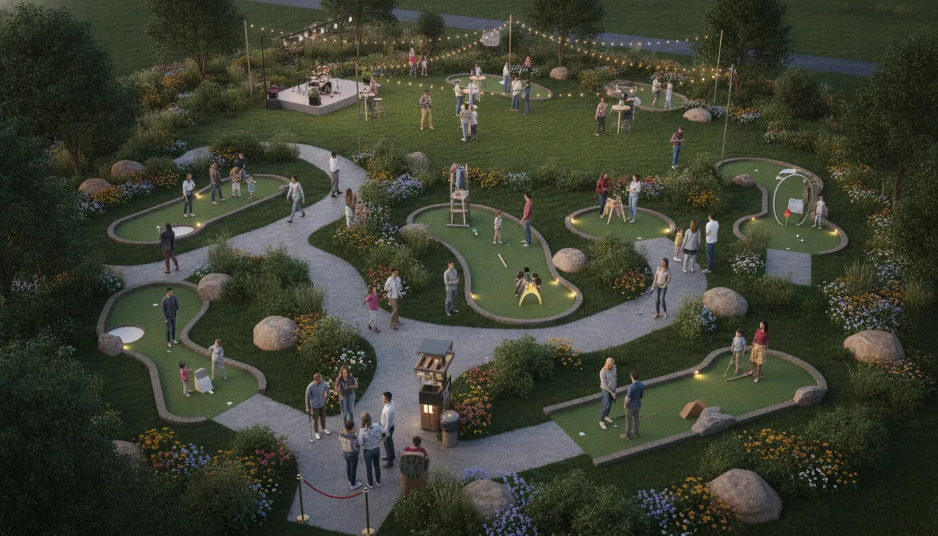 Overhead commercial miniature golf layout showing player flow, accessible paths, and event space