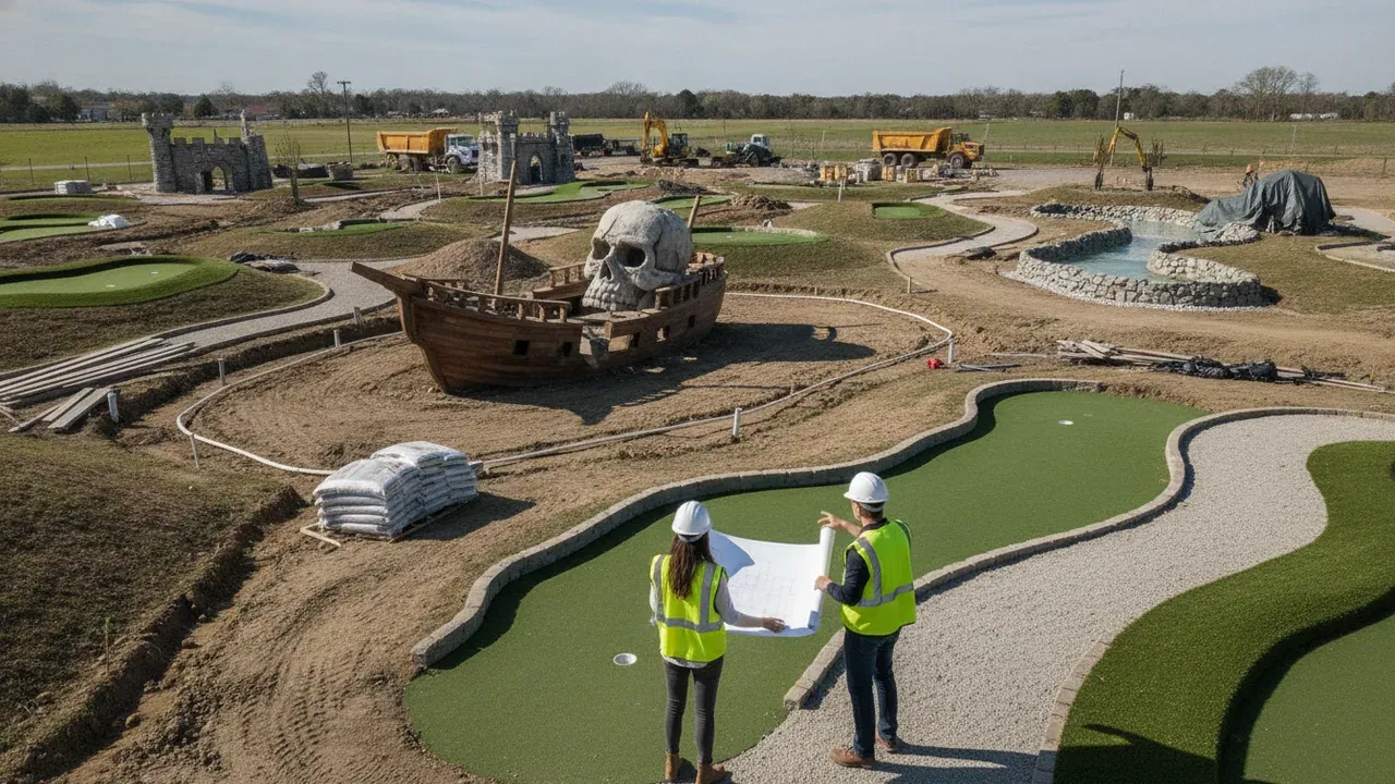 Commercial miniature golf course planning and site preparation