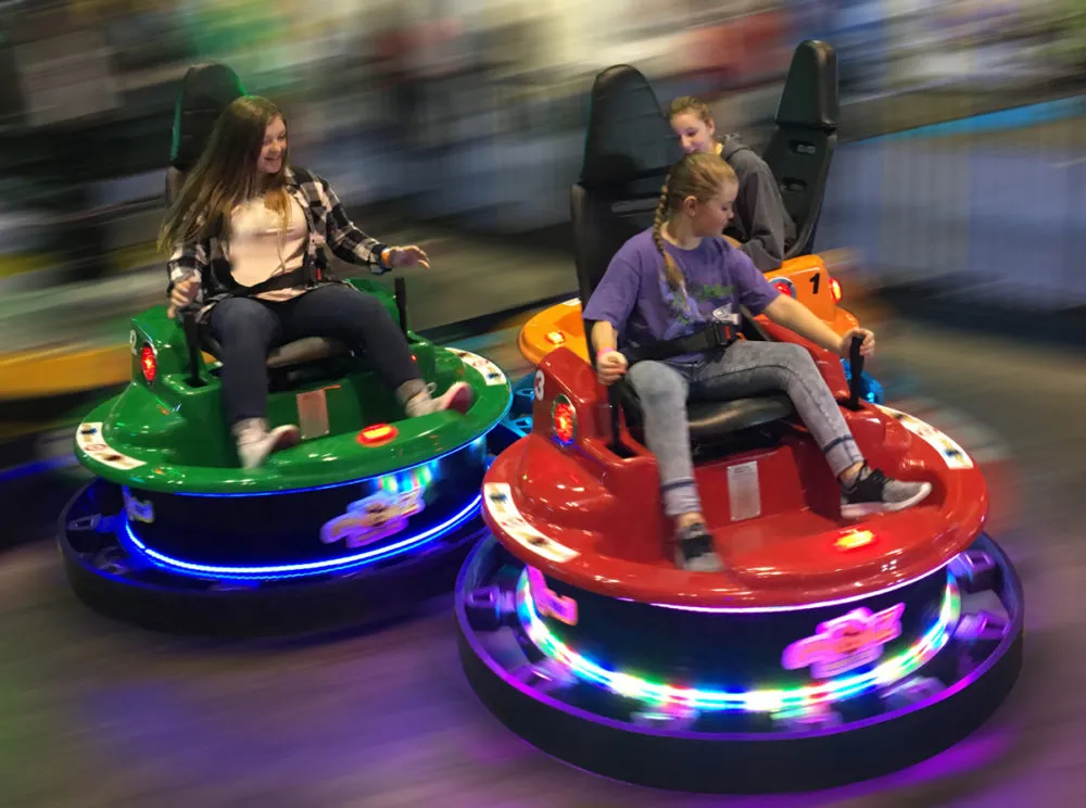 Commercial bumper car attraction in a family entertainment center