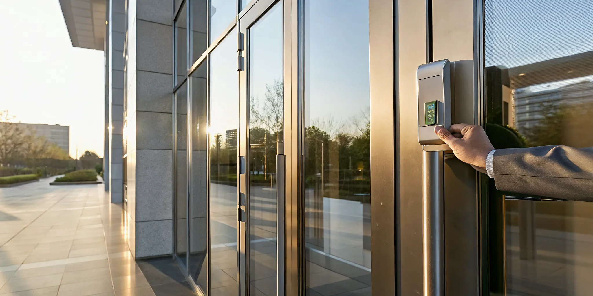 Employee using a badge reader for building access control systems at a commercial entrance