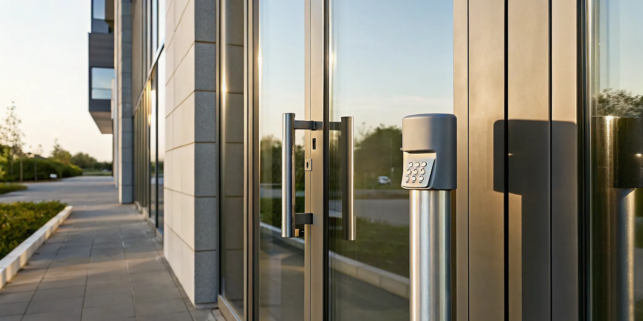 Modern commercial building entrance with keycard access control system installed by InVision Systems in Naperville
