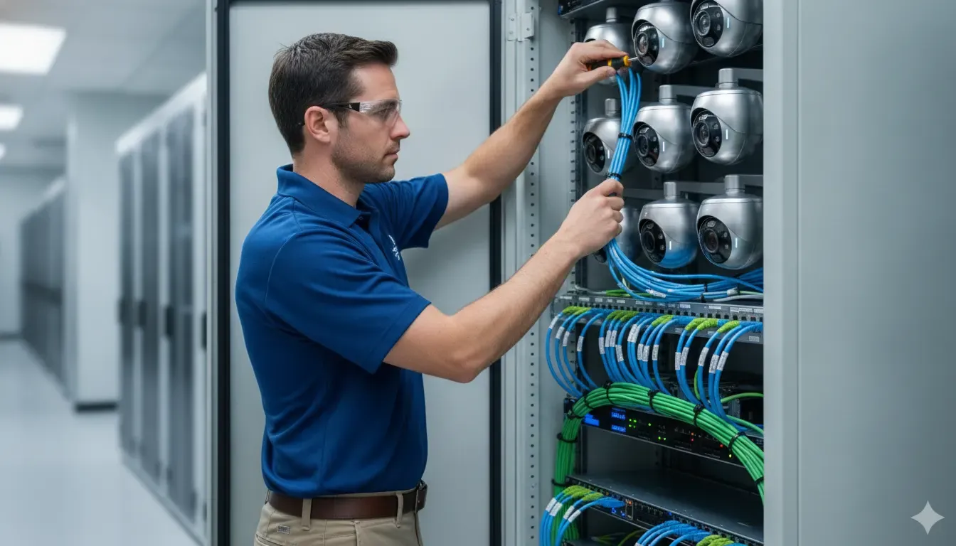 Technician organizing network cabling for a business security camera system