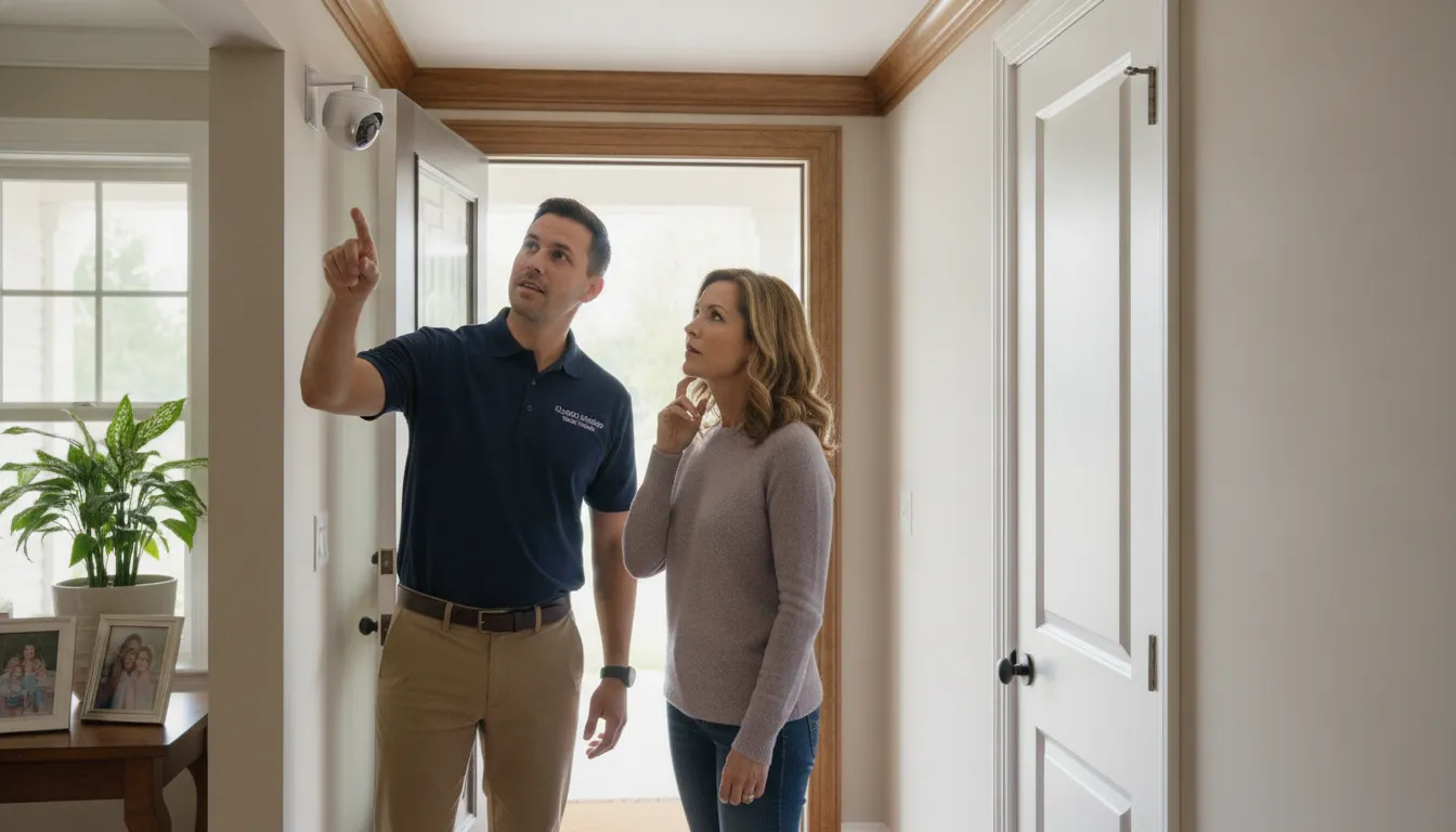 Security technician discussing camera placement with a Chicago homeowner
