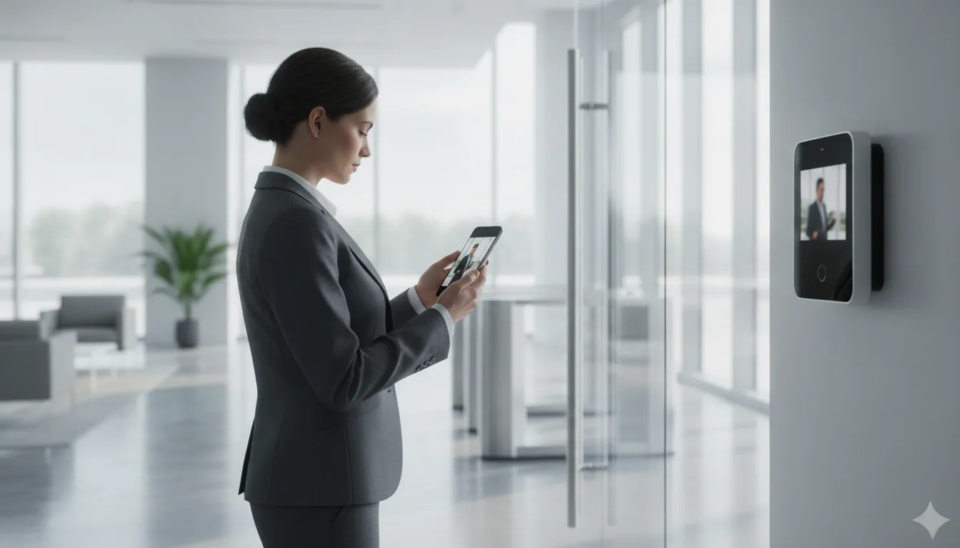 Property manager viewing a visitor at a commercial video intercom from a mobile app