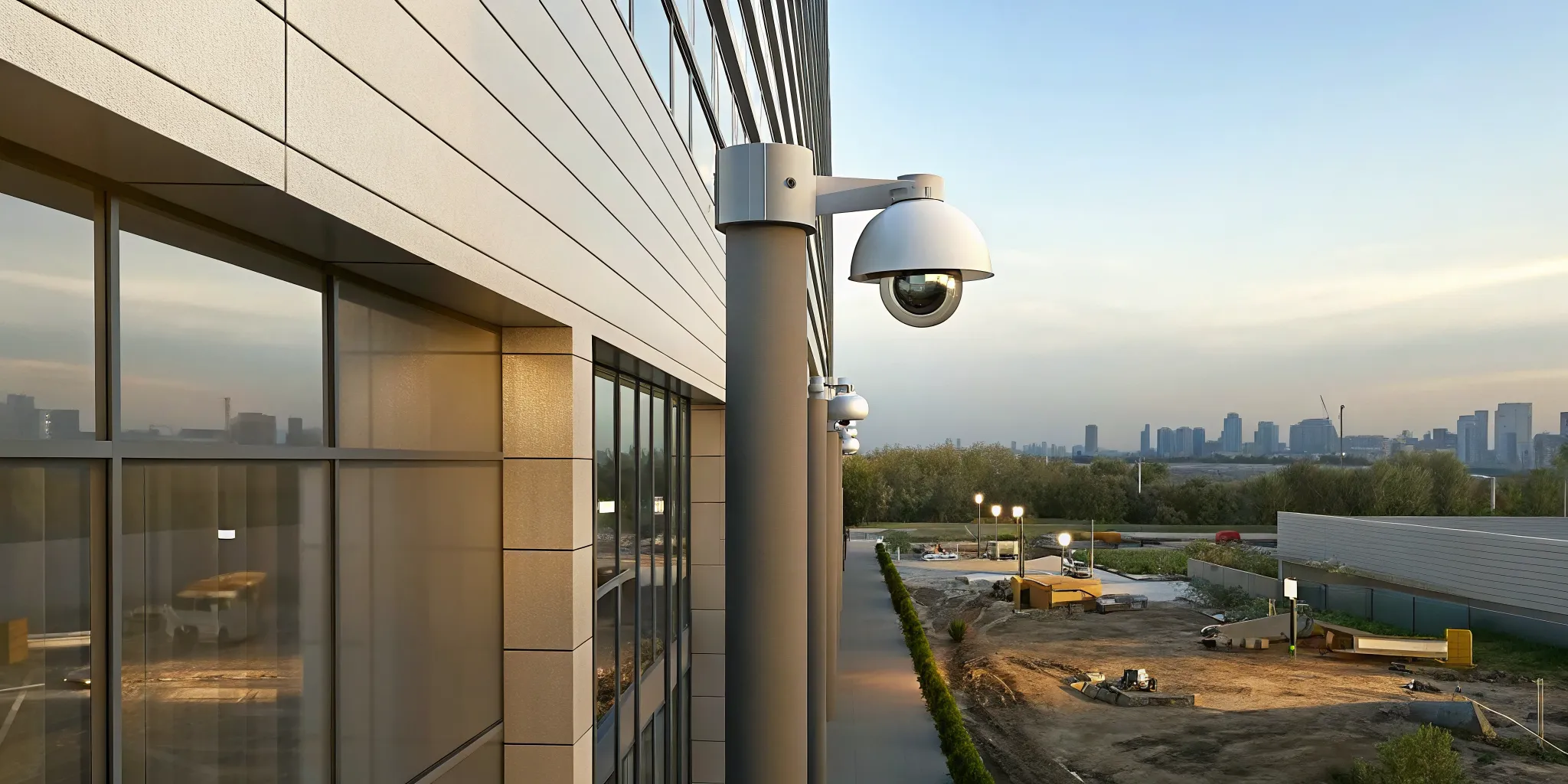 Construction site video monitoring cameras overlooking active equipment