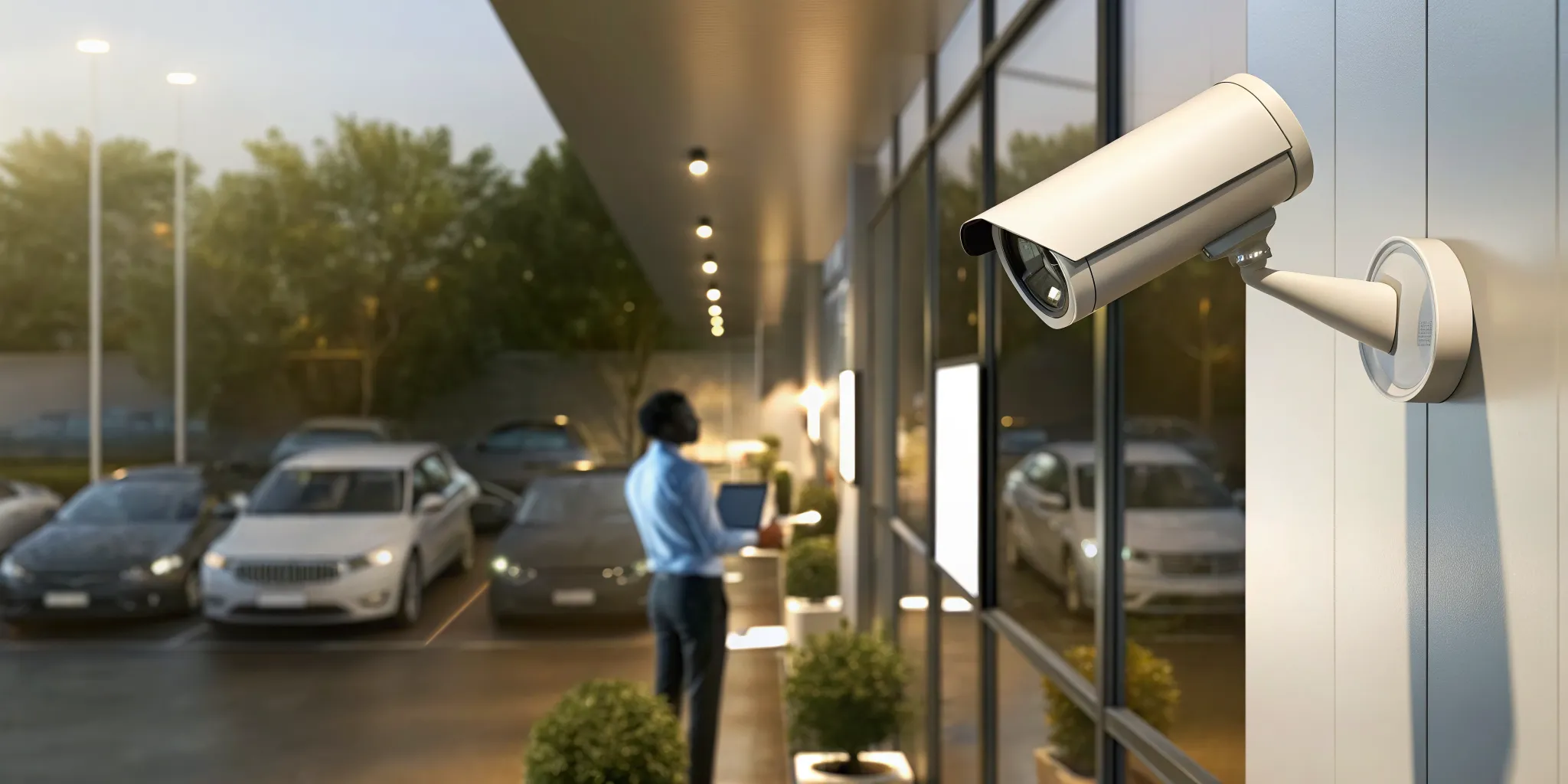 Security technician monitoring live camera feeds near a car dealership showroom at dusk