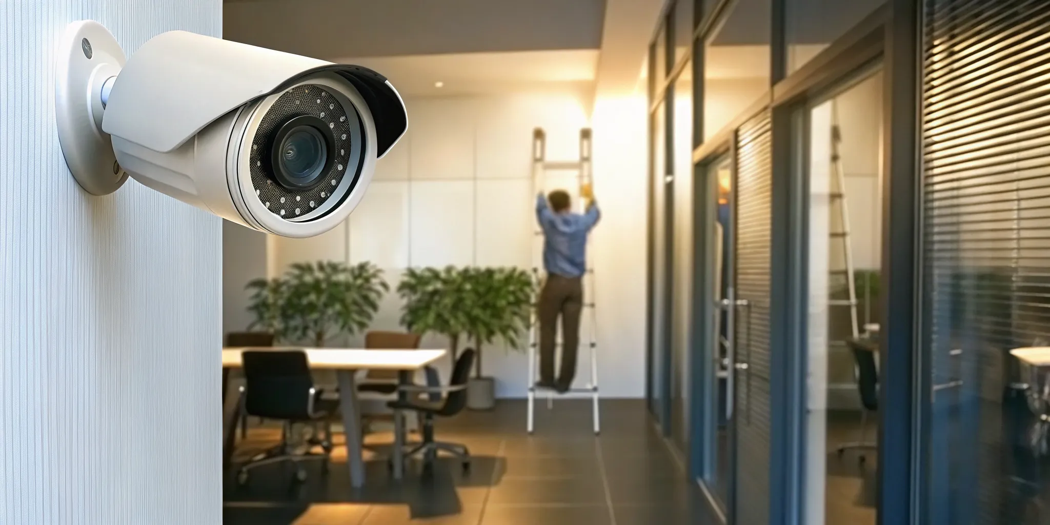 Technician installing commercial security cameras for a Schaumburg business