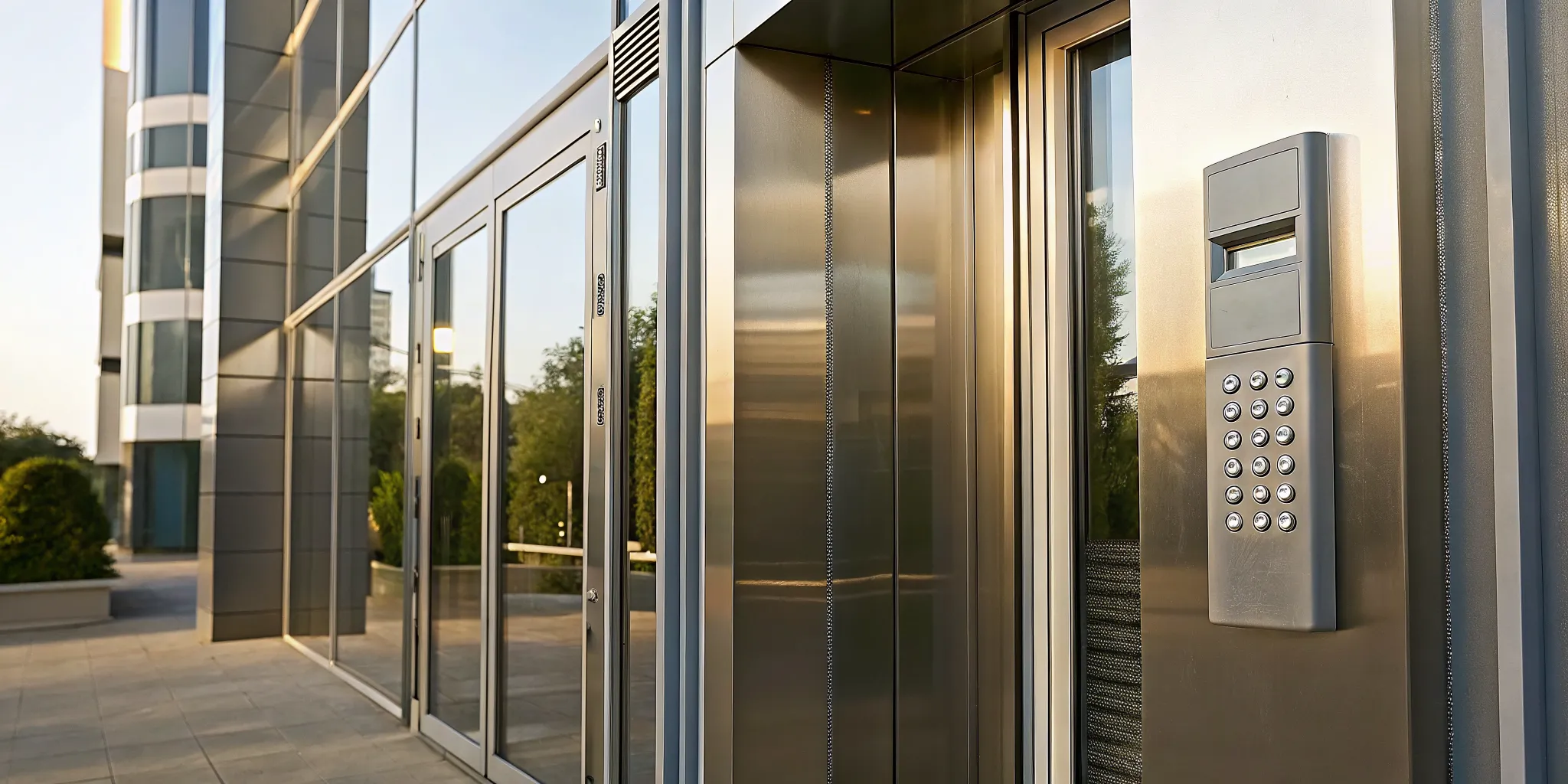 Office building entrance with access control panel and intercom system by InVision Systems