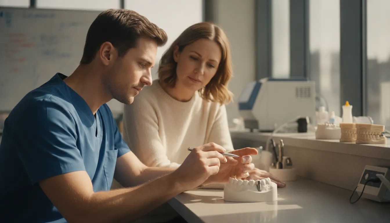 Prosthodontist and patient reviewing dental implant treatment planning