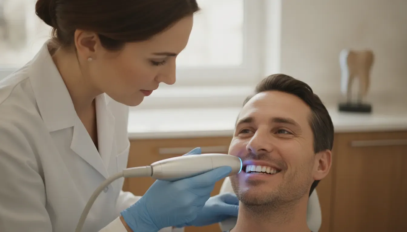 Prosthodontist using digital scanning during personalized veneer planning