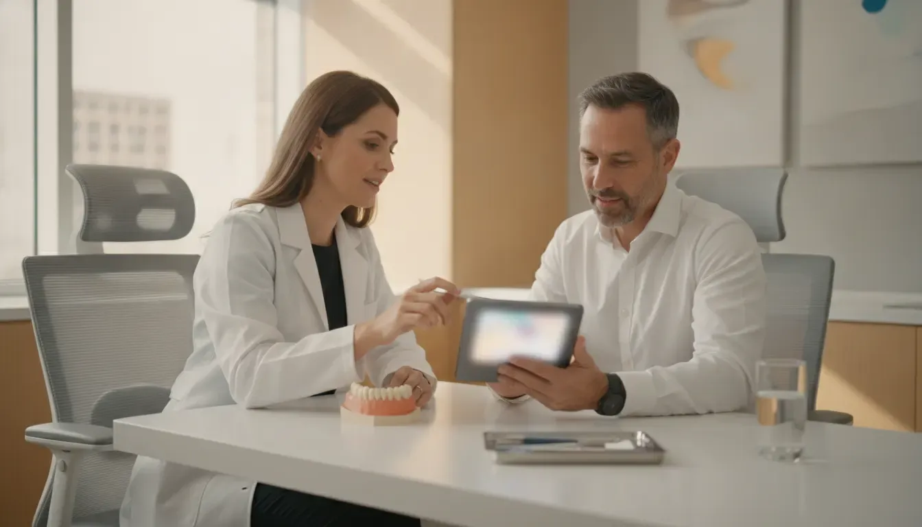 Patient and prosthodontist discussing a personalized dental veneer plan